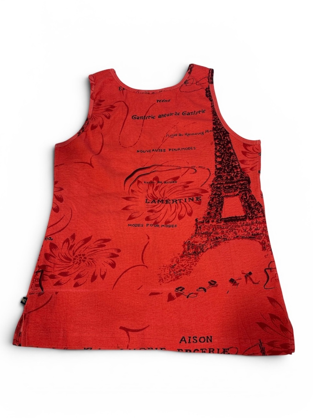 Red Graphic V-Neck Tank Top with Script Detail - Picture 2 of 3